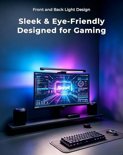 RGB Monitor Light Bar with Wireless Remote, Dual-Source Gaming Computer Lamp for Curved & Flat Monitors (0.39"-1.18"), Ambient Backlight, Stepless Dimming (Ra95), No Glare Desk Setup