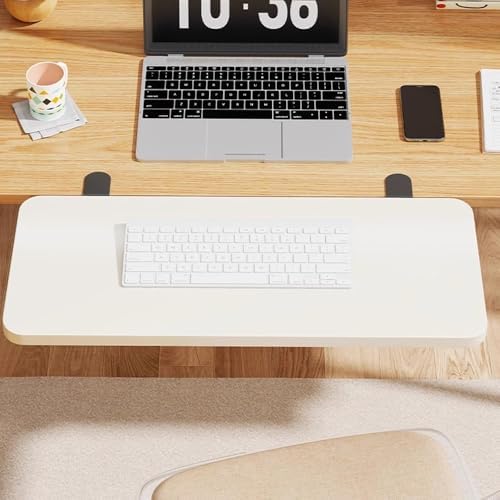Desk Extender Tray, Punch-Free Clamp on 90° Foldable Keyboard Drawer Tray, Table Mount Armrest Shelf, Computer Elbow Arm Support (White, 6.9"*9.8"*0.5"/17.5cm*25cm*1.2cm)