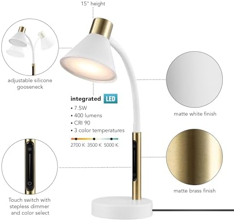 Globe Electric 15" LED Integrated Matte White Desk Lamp with Matte Brass Accent and Adjustable Silicone Gooseneck