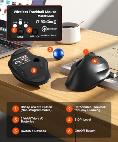 Ergonomic Wireless Trackball Mouse, 3 Device Connection, 5 Level DPI
