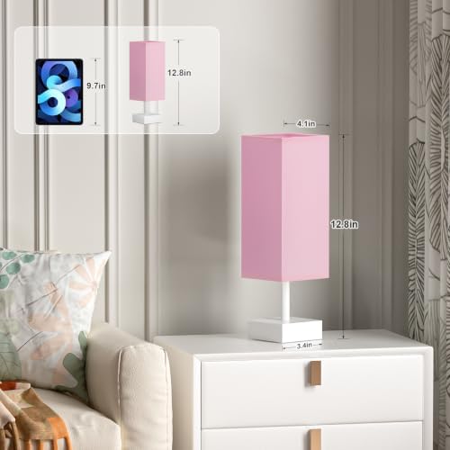 aooshine White Small Bedside Lamp for Bedroom - Square Pink Fabric Shade