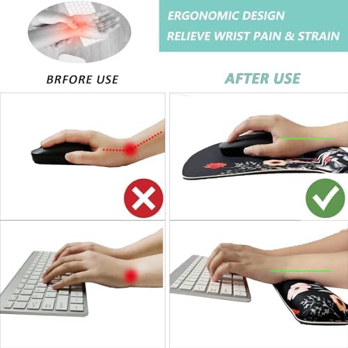 Keyboard Wrist Rest Pad Mouse Pad with Wrist Support Set of 3, Gaming Mousepad with Non-Slip Rubber Base, Ergonomic Memory Foam Mouse Cushion Support for Home Office Laptop Computer, Flower Black