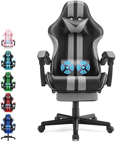 Ferghana Grey Gaming Chairs with Footrest,PC Gaming Chair,Computer Chair, E-Sports Chair,Ergonomic Office Chair with Adjustable Headrest and Lumbar Support(Grey)