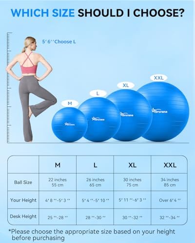 Exercise Ball - Anti-Burst Yoga Ball for Pilates, Pregnancy & Core Stability - Ergonomic Office Desk Ball Chair & Physical Therapy Equipment, Quick Pump Included