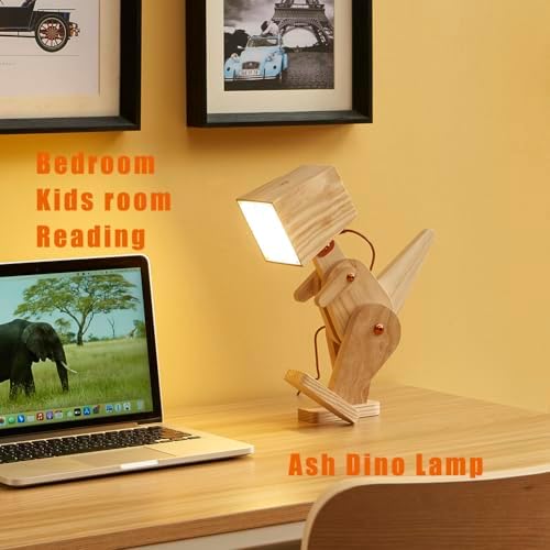 Novelty Cute Wood Dinosaur Table Lamp Reading Room, Ash Yellow
