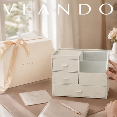Desk Organizer with Drawer, Leather Nightstand Organizer for Women, Beige