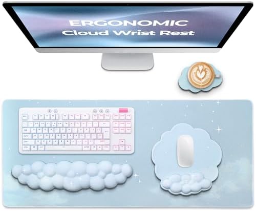 Premium Quality Cloud Wrist Rest Keyboard & Mouse Pad Set – Ergonomic Memory Foam Desk Accessories with Wrist Support for Office & Gaming – Baby-Blue-Sky
