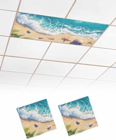 Ocean 2 Pcs Fluorescent Light Covers, Sandy Beach Marine Wave Seashell Magnetic Filters Shade Panel Light Covers for Ceiling Lights Classroom Office Home Ceiling Decoration, 4 x 2 Ft