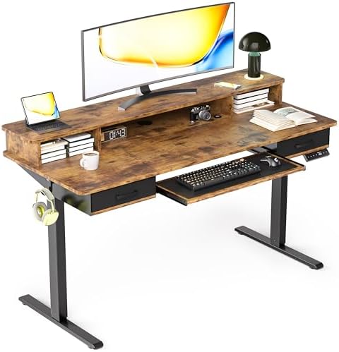 Electric Standing Desk with Keyboard Tray, 55x24 Inches Height Adjustable Stand up Desk with 2 Drawers, Ergonomic Sit to Stand Table with Storage Monitor Stand, Rustic Brown