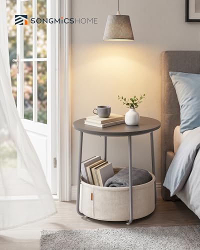 SONGMICS HOME Small Side Table, Round End Table, 2 Tier Nightstand with Basket, U Shaped Steel Legs, Easy Assembly, for Living Room, Bedroom, Gray and White