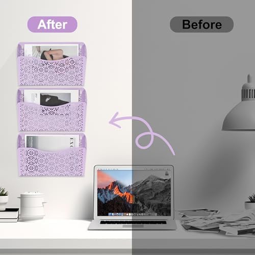 EasyPAG 3 Single Wall Mount File Organizer Vertical Metal Wall Pocket File Holder for Office, Home, School, Purple