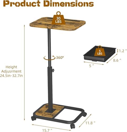 Adjustable Height TV Tray Table with Drawer, 360° Swivel C Shaped End Table, Rolling Couch Desk with Wheels, Side Tables for Living Room and Bedroom, Bed (Brown)