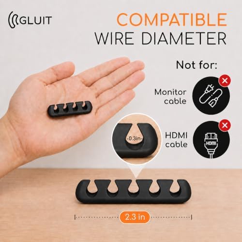 Cord Organizer for Desk, Nightstand Cable Holder, 5 Pack, Multislot, Black