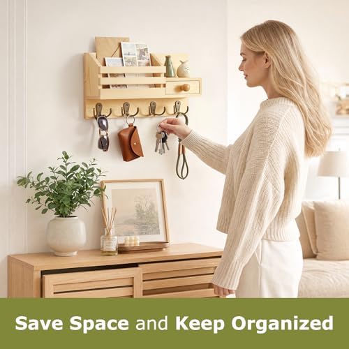 Key Holder Wall Mount, Wooden Key and Mail Organizer, Natural