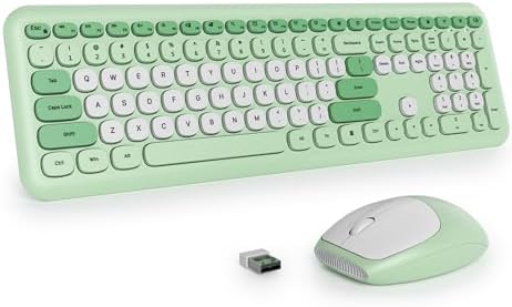 surmen Green Keyboard and Mouse Wireless, Cute Wireless Typewriter Keyboard, Full Size Slim Silent Round Keys Aesthetic for Home and Office(Colorful Green)