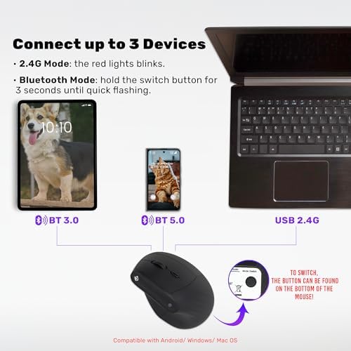 J-Tech Digital Wireless Mouse, Vertical Ergonomic Mouse with 2.4G Wireless & Bluetooth for 3 Multi-Device Function, Adjustable DPI Modes, Compatible with PC, Mac, Laptop - Black