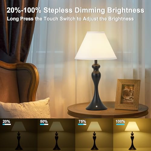 Cordless Table Lamp Rechargeable, Battery Night Light Fabric Shade, Black