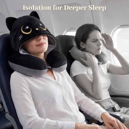 Mewaii Travel Neck Pillow, Airplane Pillow with Hood, Memory Foam, Gray