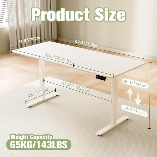 ERGOMAKER 63"x28" Standing Desk, Height Adjustable Sit-Stand Office, White