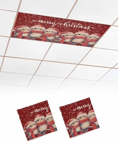 Red Christmas Magnetic Fluorescent Light Covers for Ceiling Lights 2 x 4 Feet,Vintage Owl White Snowflakes Watercolor Office Classroom Kitchen Drop Ceiling Light Covers Filters Shade Panel 2 Packs