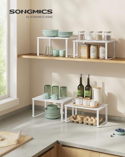 SONGMICS Cabinet Organizer Shelf, Set of 2 Kitchen Counter Shelves, Kitchen Storage, Spice Rack, Stackable, Expandable, Metal and Engineered Wood, Cloud White and Snow White UKCS02W01 (Pack of 2)