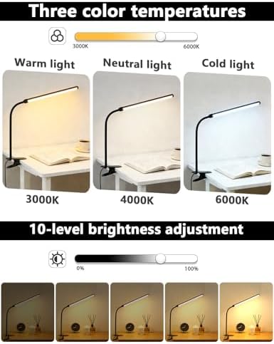 2 Pack Clip On LED Desk Lamp, 3 Lighting Modes 10 Brightness Levels, Flexible Goose Neck Swing Arm Task Lamp, Eye Caring USB Powered Clamp Light for Home Office Study Reading Bedside