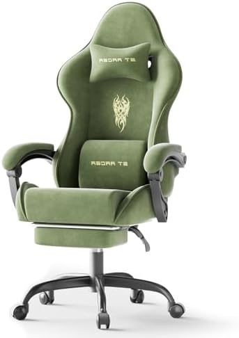 Ferghana Velvet Fabric Gaming Chair, Ergonomic Gamer Chair for Adult, Comfortable Video Game Chair with Footrest and Massage Lumbar Cushion, Racing Reclining Office Home Computer Desk Chair Green