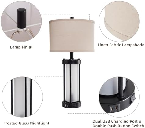 RORIA Modern Table Lamps for Living Room with 2 USB Charging Ports