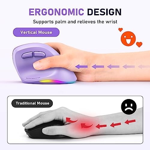 MEETION Ergonomic Wireless Mouse, Bluetooth Vertical Mouse with RGB, Purple