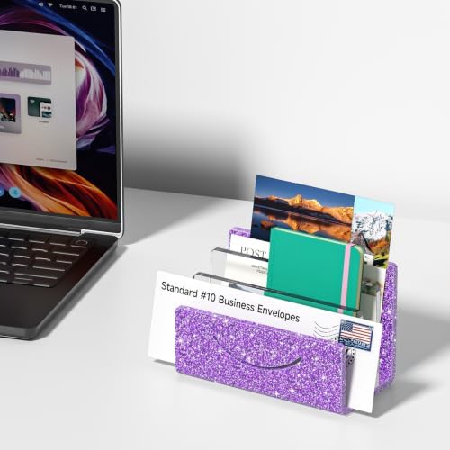 Mail Organizer Envelope Holder - 3 Compartments Glitter Purple Acrylic Mail Holder Countertop Home Office Desk Organizer Small File Sorter Vertical Bill Letter Paper Document Storage Rack