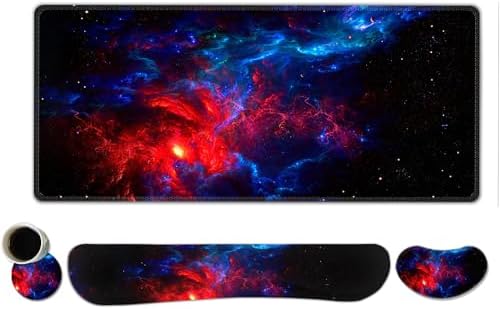 ToLuLu Extended Gaming Mouse Pad, Memory Foam Ergonomic Keyboard Mouse Wrist Rest Support Set, Large Desk Mat with Stitched Edges, Non-Slip Base Mousepad for Home Office and Game, Blue Red Galaxy