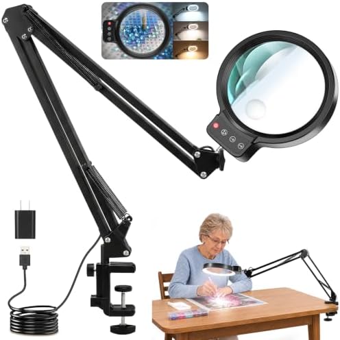 12X 30X Large Magnifying Glass with Light and Clamp,Stand Lighted Magnifier