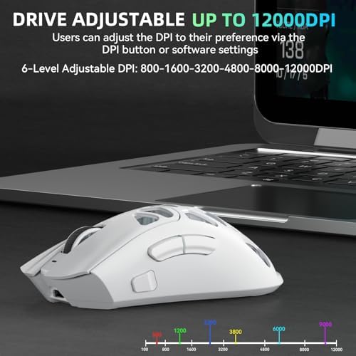 Aula SC620 Wireless Gaming Mouse, Tri-Mode 2.4GHz/USB-C/BT5.3 Computer Mouse with 12000 DPI, Programmable Macro Gamer Mouse with Rapid Fire Key, RGB Light White Gaming Mice for PC/Laptop/Mac