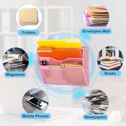 EASEPRES Magnetic 3 Pocket Mesh Hanging Wall File Organizer, Wall Mounted Mail Paper Document Folder Holder, Clipboard Storage Magazine Rack with Nametag Label for Office Home School, Pink