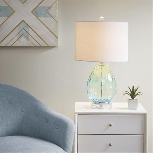 Pemberly Row Contemporary Table Lamp, 23.5" H, Blue-Green Glass Base, White Drum Shade, Adjustable Tilt, 72-Inch Clear Cord, Includes Spiral CFL Bulb, Modern Lighting for Living Room or Bedroom Use