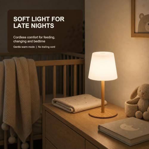 Rechargeable Cordless Table Lamp, IP65 Waterproof Touch Night Light with 4000mAh Battery, 3 Color Temperatures and Stepless Dimming for Bathroom, Nursery, Bedside and Skincare, Wood Grain