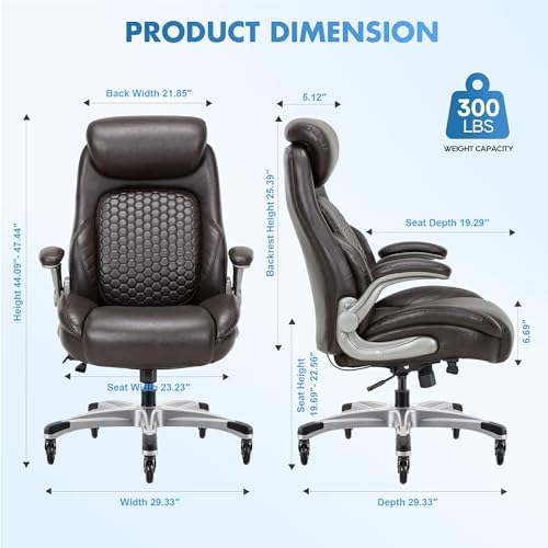 COLAMY Office Ergonomic Desk High Back Executive Chair with Pop-Out Lumbar Support, Upgraded Casters, Adjustable Headrest, Flip-Up Arms, Leather Home with Thick Cushion for Comfort - Brown