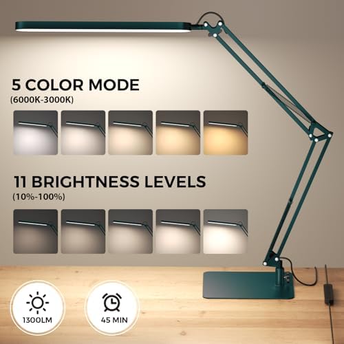 SKYLEO LED Desk Lamp with Slim Base - Adjustable Swing Arm Desk Light, Dimmable, Timer, Eye Protection, Memory Function, 1300LM, 12W, Green