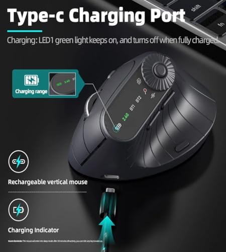 JOMAA Wireless 2.4G & Dual Bluetooth Three-Channel Ergonomic Vertical Mouse Adjustable DPI, Multi-Function Turntable for PC, Laptop, MacBook, Rechargeable (Black)