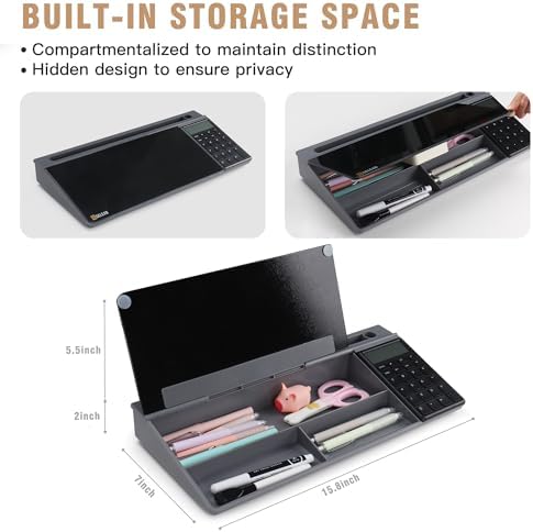 SELEAD Desktop Glass Whiteboard with Calculator and Storage, Black