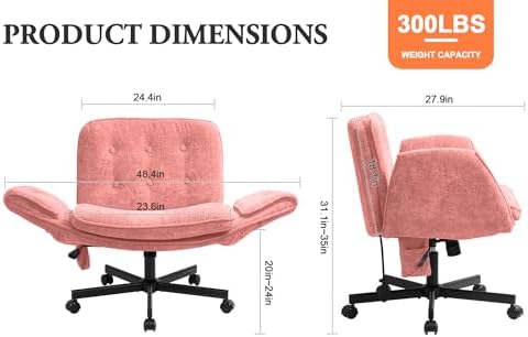 Criss Cross Chair with Lumbar Airbag & Folding Arms Relieve Back Pain, Wide Cross Legged Office Chair for Home Office, Comfy Swivel Desk Chair with Wheels, 5 Level Adjustable Armrest, Chenille(Pink)