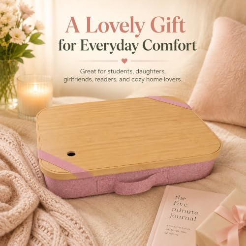 Mayjoy Bamboo Laptop Lap Desk with Storage, Removable Cover, Pink