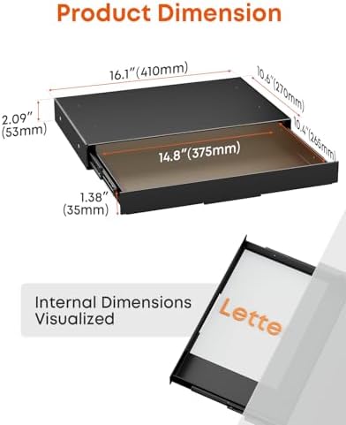 PUTORSEN Under Desk Storage Drawer 14.8" Wide - Smooth Slide Out Organizer for Standing Desk & Home Office, Max Load 17.6 lbs, Quiet Glide, Black