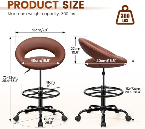 Rolling Bar Stool with Back Support & Wheels, PU Leather Brown