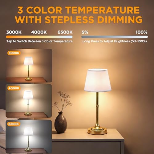 LUTEC Cordless Table Lamp, Battery Operated Lamp with 3 Color Temps and Stepless Dimming, 5200mAh Portable Rechargeable Table Lamp for Restaurant/Bedroom/Bars/Outdoor (Brushed Gold)