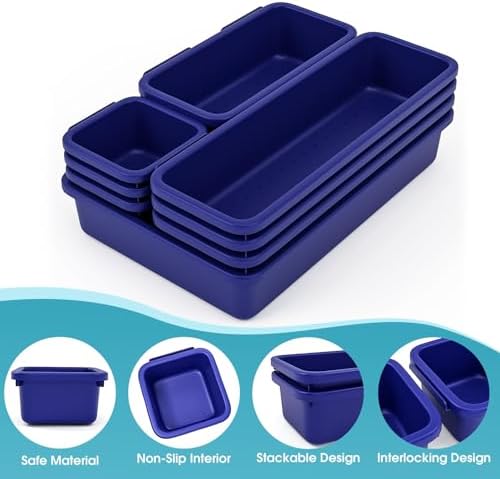 StoreHappily 10 PCS Drawer Organizer Set, 4 Size Makeup Drawer Divider Organizer With Non-Slip Pads, Interlocking Plastic Storage Bins for Office,Jewelry Vanity,Gadgets, Bathroom,Kitchen, Navy