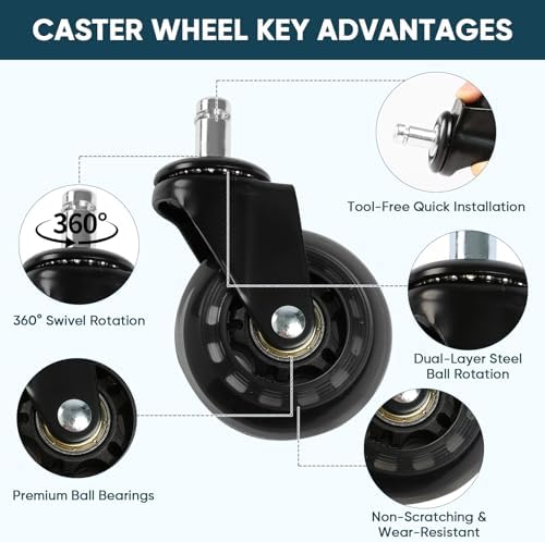 2.5 Inch Office Chair Wheels Set of 5, Replacement Casters for Hardwood Floors, Carpet & Tile - Universal Fit, Quiet & Safe Rolling, Easy to Install for Most Office and Gaming Chairs