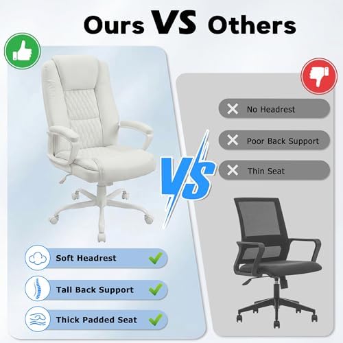 Executive Office Chair, High Back Ergonomic Desk Chair with Lumbar Support, Adjustable Big and Tall Computer Chair, 360° Swivel, PU Leather, White