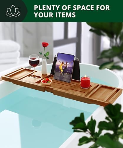 Trending Now Wood Bath Tray – Bathtub Tray for Tub, Expandable Bamboo Bath Tray & Bathtub Caddy with Book Holder, Wine Glass Holder, Phone & Tablet Stand, Spa Bath Accessories, Birthday Gifts for Mom