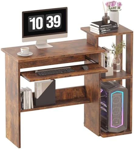 ALISENED Computer Desk with Storage Shelves, Home Office Desk with Monitor Stand, Small Writing Desk Table with Keyboard Tray,Study Table with CPU Stand for Small Spaces (35"-Rusitc Brown)